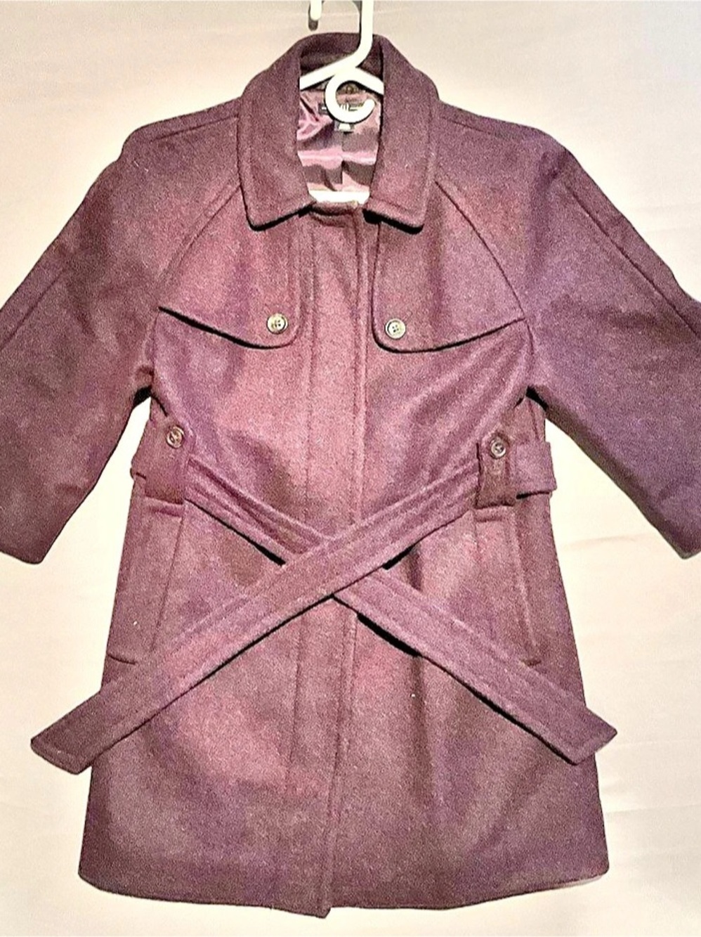 Gap Women’s Wool Blend Winter Coat Purple Jacket Peacoat 3/4 Sleeve w/ Belt Sz S